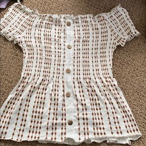 Off the shoulder brown and white top